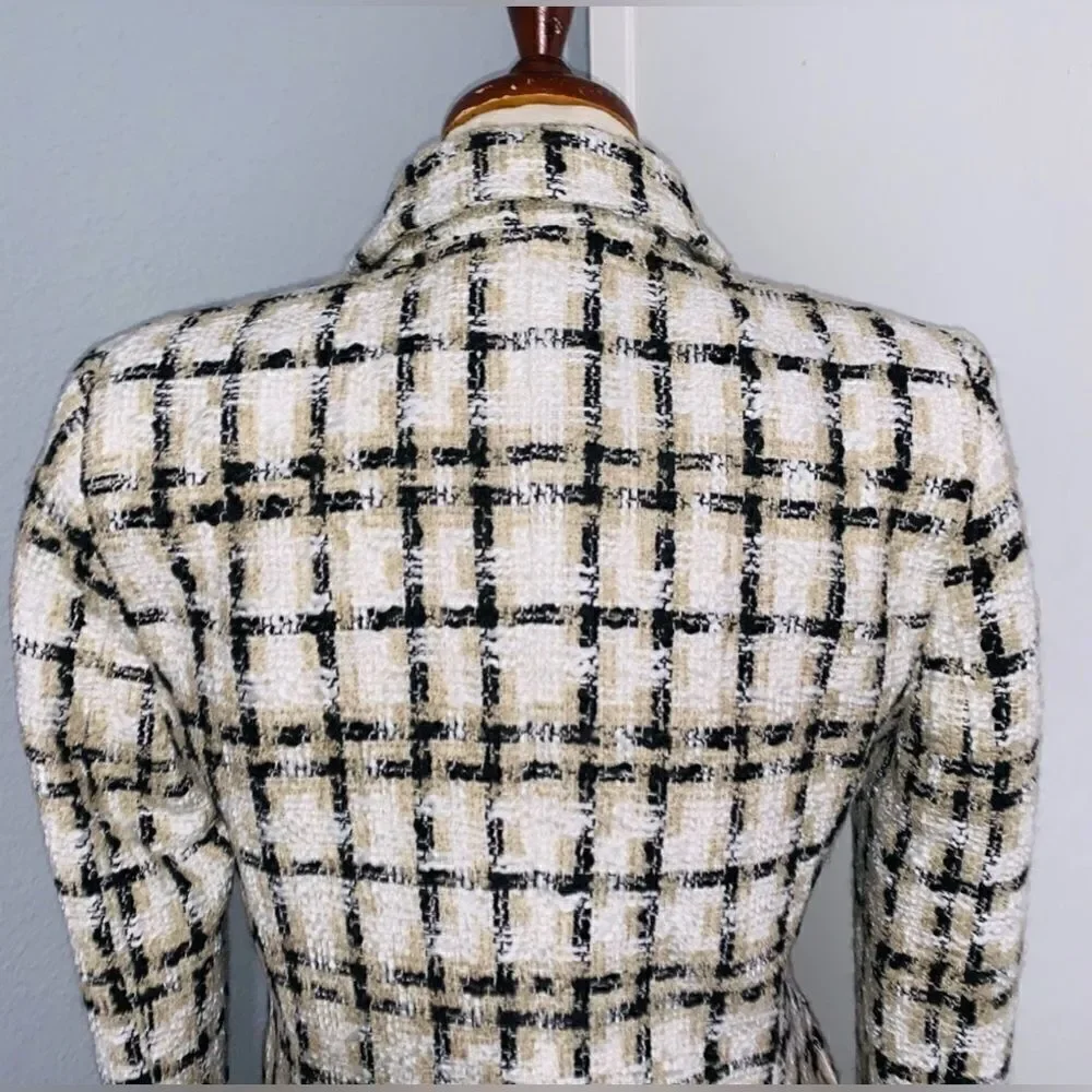 Zara Taupe Brown Textured Plaid Longline Blazer - Size M, Chic Lapel Collar!